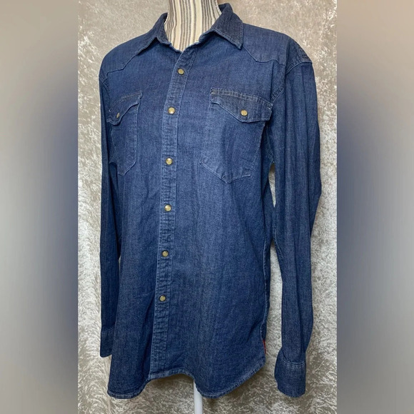 Wrangler Blue Denim Casual Pearl Snap Button Down Mens Western Shirt size L - Picture 1 of 7